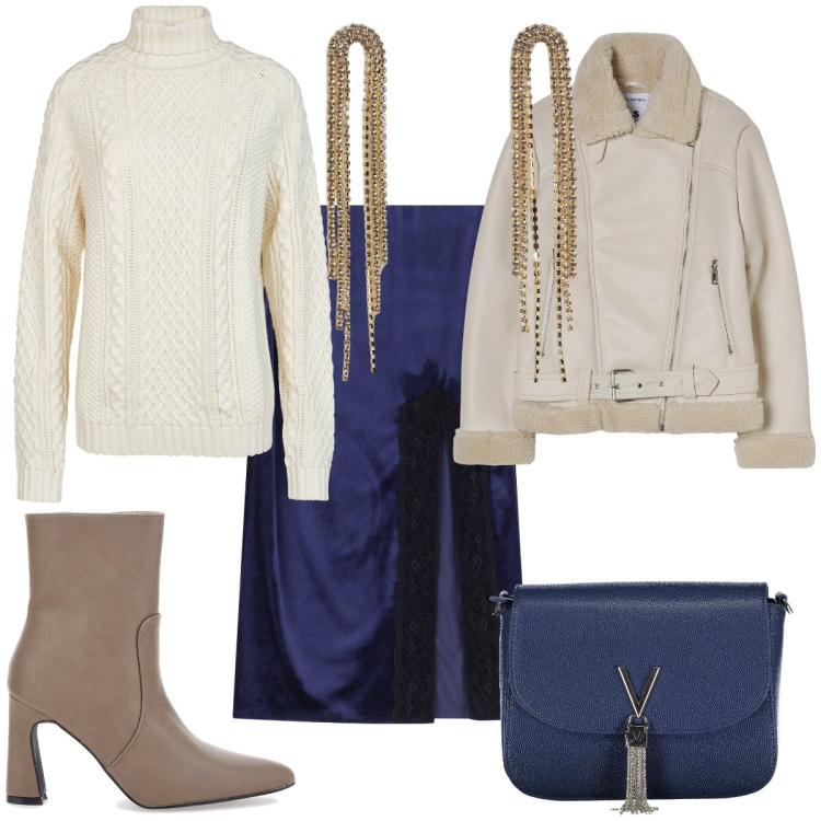 Outfit donna - Serata blues. Stile Trendy per Serata fuori. Abbinamento con orecchini, blazer, gonne longuette, stivaletti, maglieria, borse a spalla.