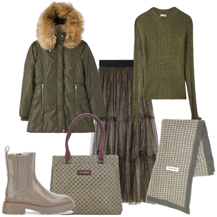 Outfit donna - Tulle in Office. Stile Casual chic per Ufficio. Abbinamento con maglieria, parka, gonne, anfibi, borse a spalla, foulard.