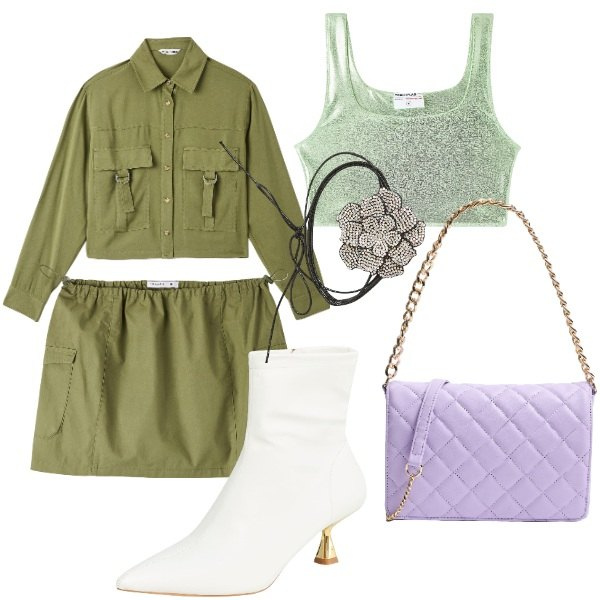 Outfit donna - saldi Terranova. Stile Casual chic per Tutti i giorni. Abbinamento con top, camicie, stivaletti, minigonne, borse a tracolla, collane.
