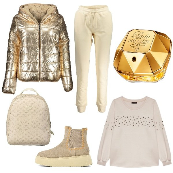 Outfit donna - Sportiva ma senza rinuncie. Stile Sporty chic per Ufficio. Abbinamento con profumi, pantaloni, felpe, zaini, piumini, stivaletti.