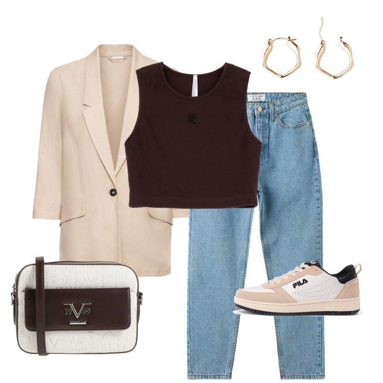 Outfit donna - Marrone e beige. Stile Casual per Tutti i giorni. Abbinamento con blazer, orecchini, borse a tracolla, jeans mom, canottiere, sneakers.