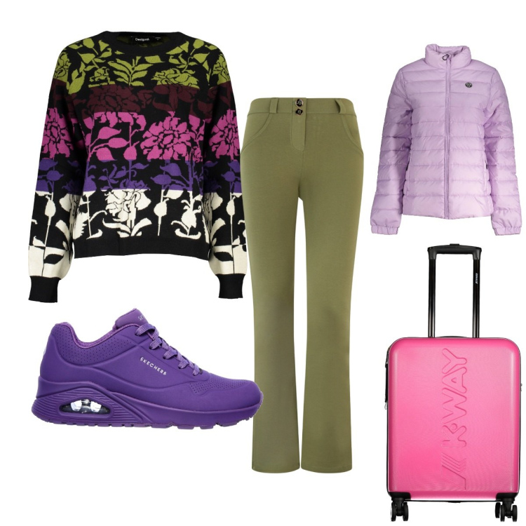 Outfit donna - Viaggiare. Stile Casual per Scuola/Università. Abbinamento con pantaloni, sneakers, blazer, maglieria, valigie.
