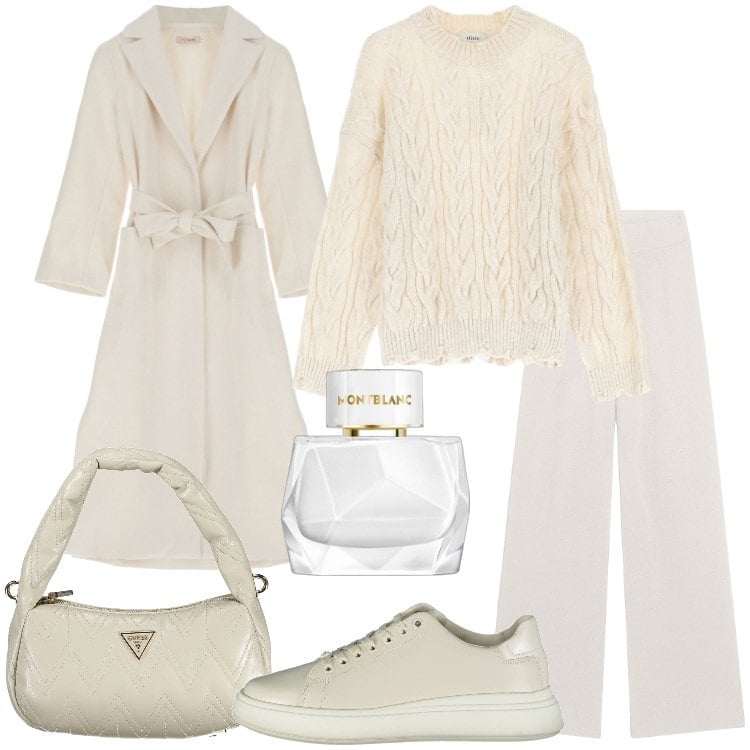Outfit donna - Speciale Winter Whites. Stile Casual chic per Tutti i giorni. Abbinamento con profumi, cappotti, pantaloni, maglieria, sneakers, borse a spalla.