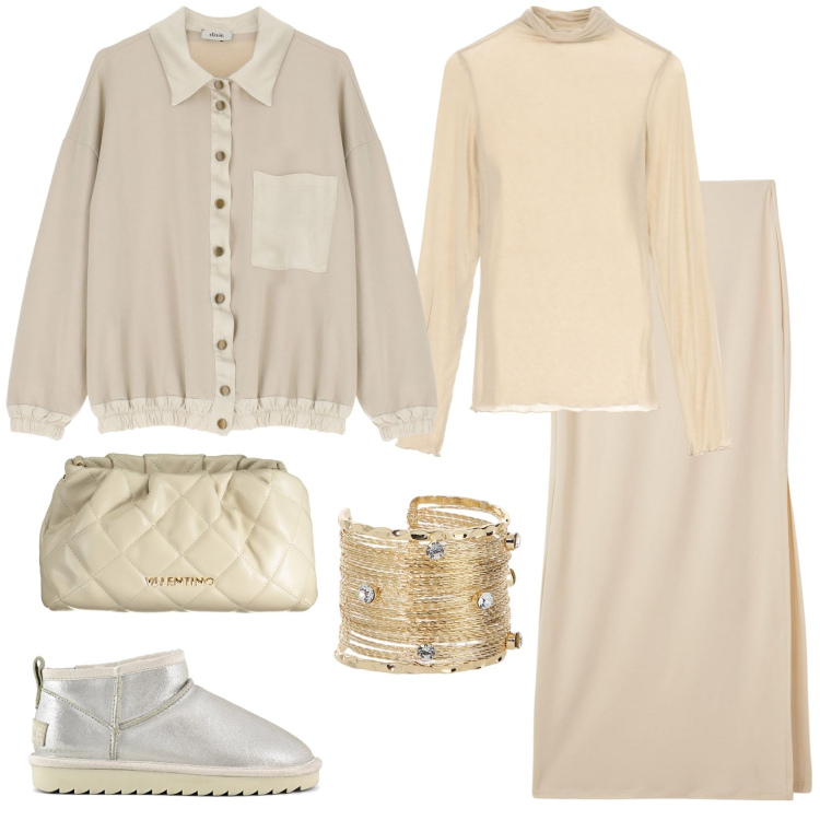 Outfit donna - Color burro. Stile Casual chic per Tutti i giorni. Abbinamento con gonne lunghe, cappotti, maglieria, braccialetti, stivali, borse a spalla.