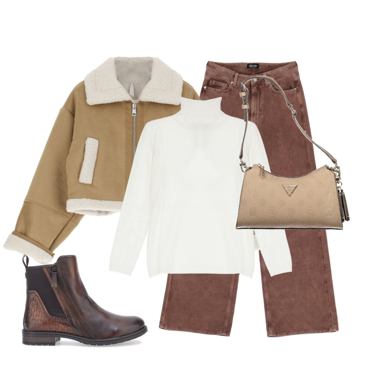 Outfit donna - Toni del marrone. Stile Casual per Tutti i giorni. Abbinamento con maglieria, blazer, jeans, stivaletti chelsea, borse a spalla.