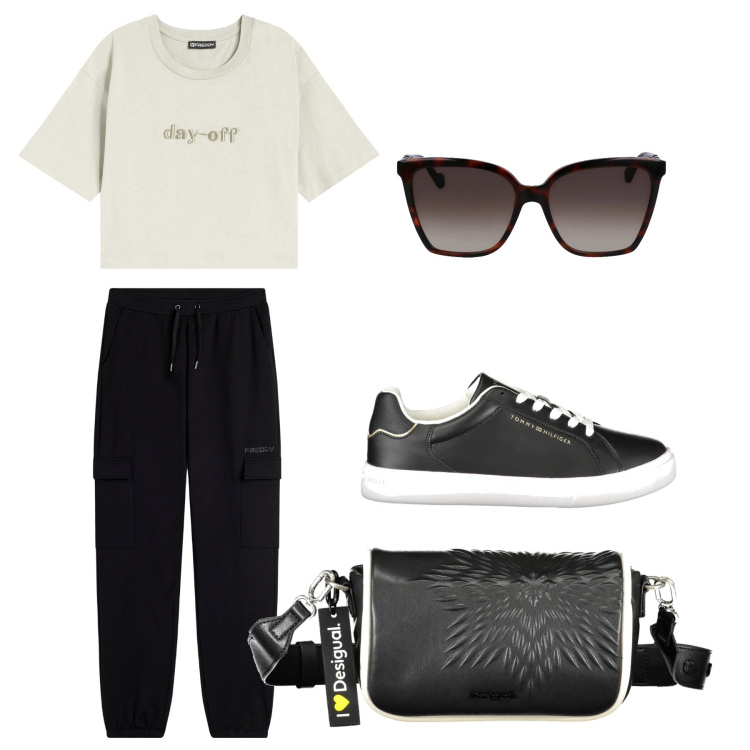 Outfit donna - Simple black and white. Stile Sporty chic per Tutti i giorni. Abbinamento con pantaloni cargo, t-shirt, occhiali da sole, borse a spalla, sneakers.