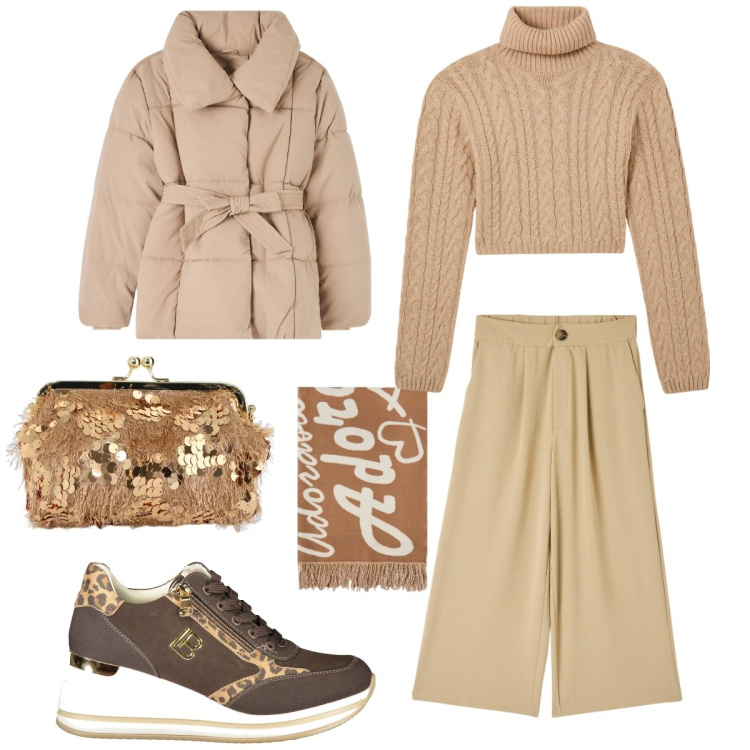 Outfit donna - Luce calda. Stile Casual chic per Tutti i giorni. Abbinamento con pantaloni a palazzo, piumini, maglieria, borse a spalla, sneakers, sciarpe.