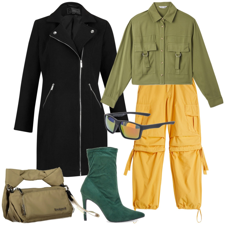 Outfit donna - Total look. Stile Trendy per Tutti i giorni. Abbinamento con cappotti, camicie, pantaloni cargo, stivaletti, occhiali da sole, borse a spalla.
