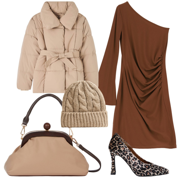 Outfit donna - Vestito chic accessori che scaldano. Stile Glamour per Serata fuori. Abbinamento con berretti, piumini, décolleté, vestiti asimmetrici, clutch.