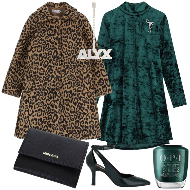 Outfit donna - Cerimonia velluto e animalier. Stile Chic per Cerimonia. Abbinamento con smalti, cappotti, portafogli, vestiti corti, décolleté, orecchini.