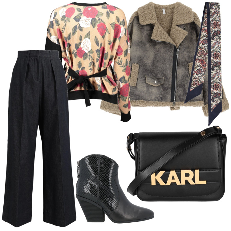 Outfit donna - Stili in mix. Stile Trendy per Ufficio. Abbinamento con stivaletti texani, borse a tracolla, jeans, blazer, cardigans, foulard.