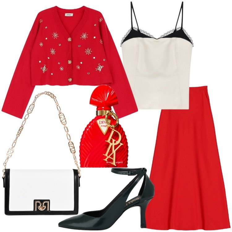Outfit donna - Red passion. Stile Romantica per Serata fuori. Abbinamento con profumi, borse a tracolla, gonne lunghe, cardigans, décolleté, top.