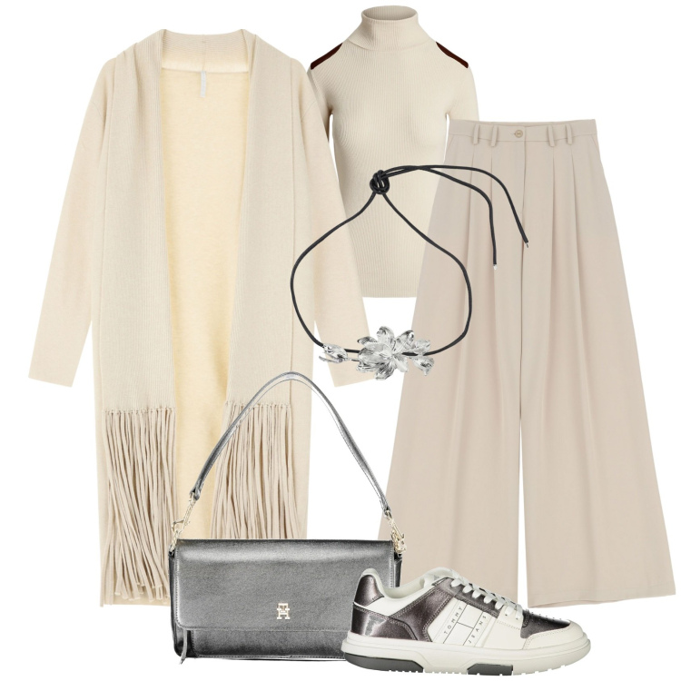 Outfit donna - Chic anche con le sneakers. Stile Casual chic per Tutti i giorni. Abbinamento con pantaloni, cardigans, collane, maglieria, borse a spalla, sneakers.