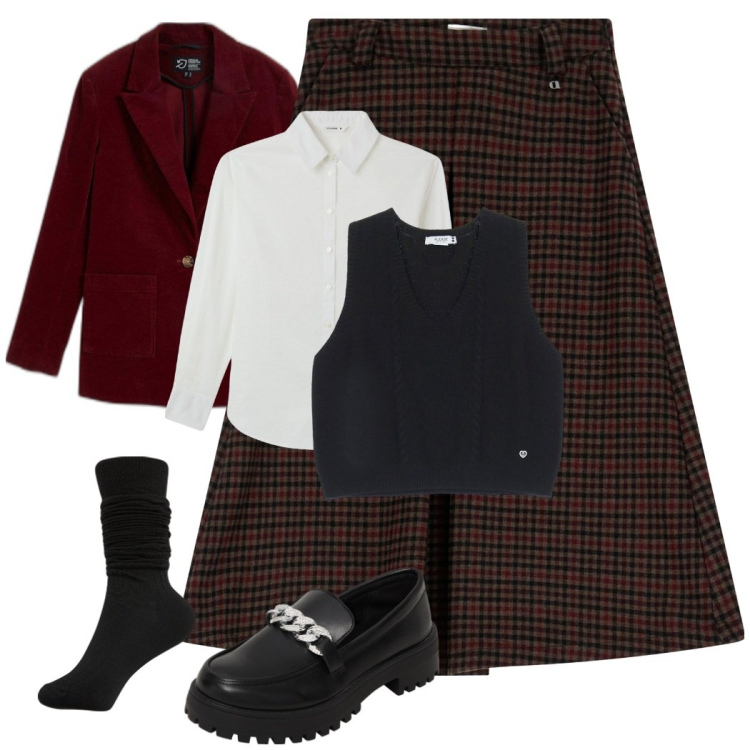 Outfit donna - Stile college. Stile Vintage retrò per Tutti i giorni. Abbinamento con blazer, mocassini, camicie, calzini, gilet, gonne.