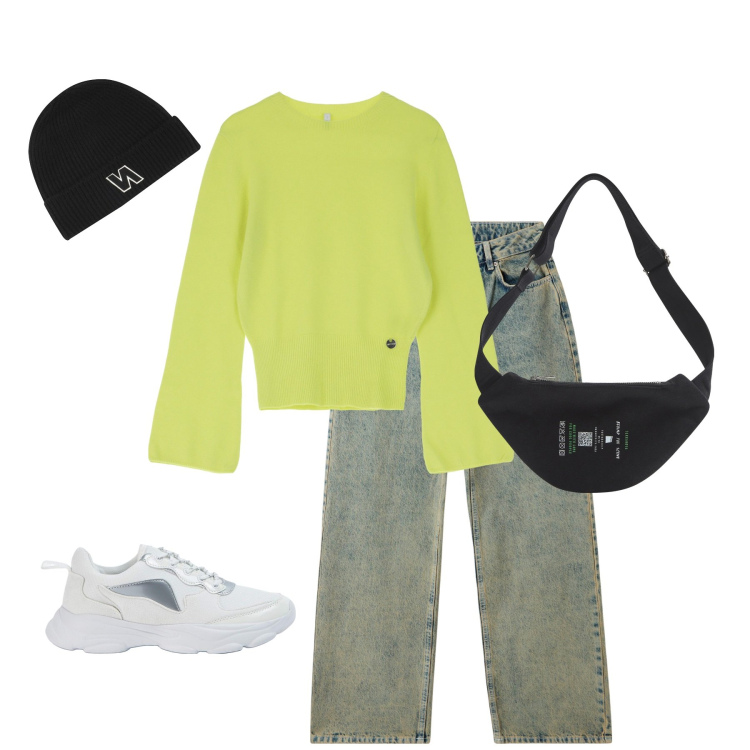 Outfit donna - Maglioncino verde. Stile Casual per Tutti i giorni. Abbinamento con marsupi, sneakers, jeans, berretti, pullovers.