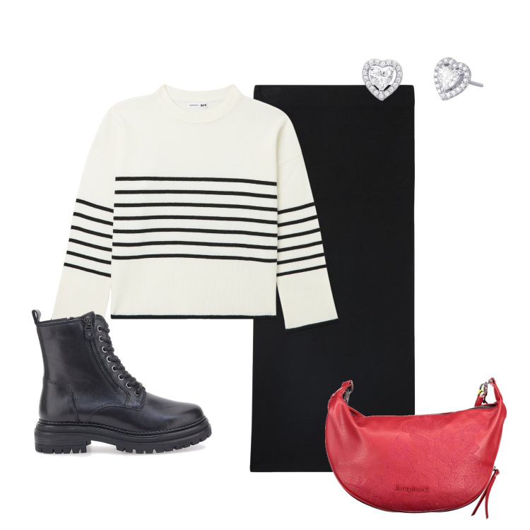 Outfit donna - Maglioncino a righe. Stile Casual chic per Serata fuori. Abbinamento con gonne longuette, maglieria, orecchini, anfibi, borse a spalla.