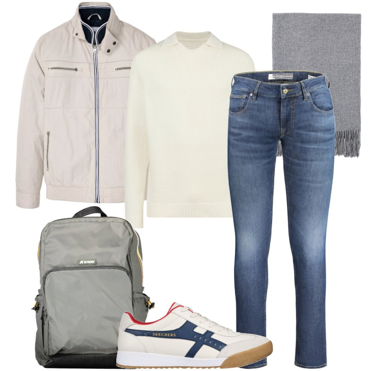 Outfit uomo - Toni chiari. Stile Urban per Tutti i giorni. Abbinamento con giacche, sciarpe, maglieria, sneakers, jeans skinny, borse sportive.
