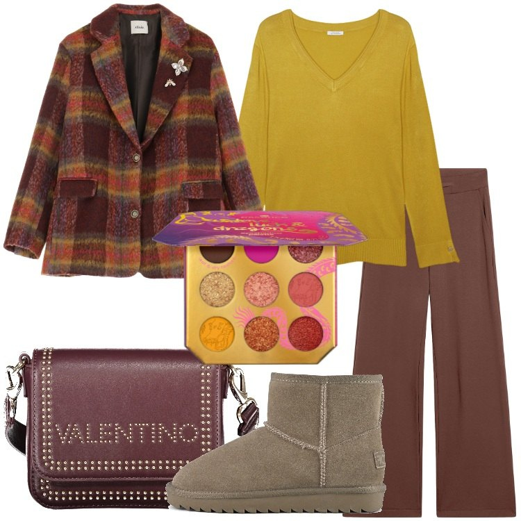 Outfit donna - Tonalità calde per gennaio. Stile Basic per Tutti i giorni. Abbinamento con ombretti, pantaloni, blazer, stivali, borse a spalla, maglieria.