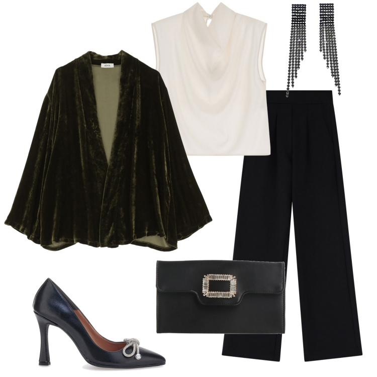 Outfit donna - Cerimonia a gennaio. Stile Chic per Cerimonia. Abbinamento con borse a mano, pantaloni, top, blazer, orecchini, décolleté.