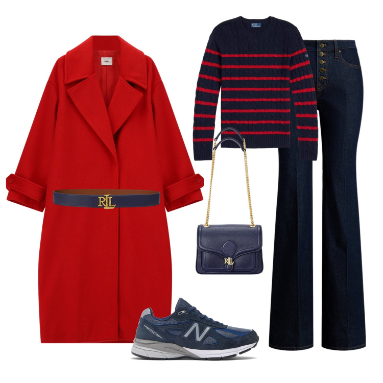 Outfit donna - Red coat. Stile Glamour per Tutti i giorni. Abbinamento con sneakers, cappotti, borse a spalla, jeans, maglieria, cinture.
