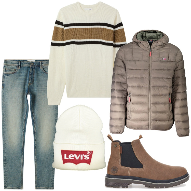 Outfit uomo - Inverno casual. Stile Casual per Tutti i giorni. Abbinamento con jeans skinny, maglieria, stivali e stivaletti, giacche, berretti.