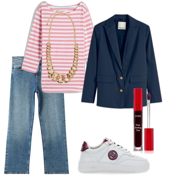 Outfit donna - Donna curvy trendy. Stile Glamour per Tutti i giorni. Abbinamento con maglieria, blazer, rossetti, jeans dritti, sneakers, collane.