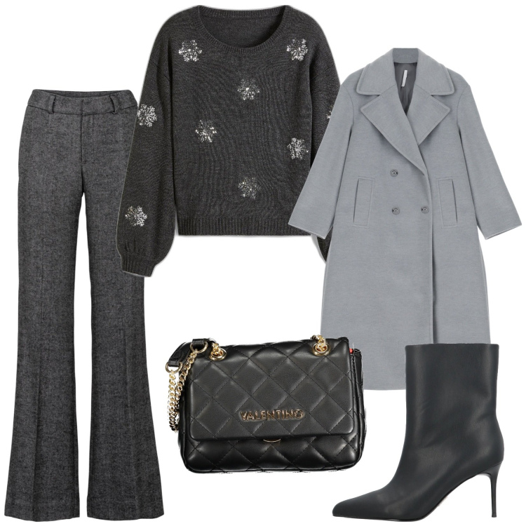 Outfit donna - Inverno in grigio. Stile Chic per Serata fuori. Abbinamento con pantaloni a palazzo, maglieria, stivaletti, cappotti, borse a tracolla.