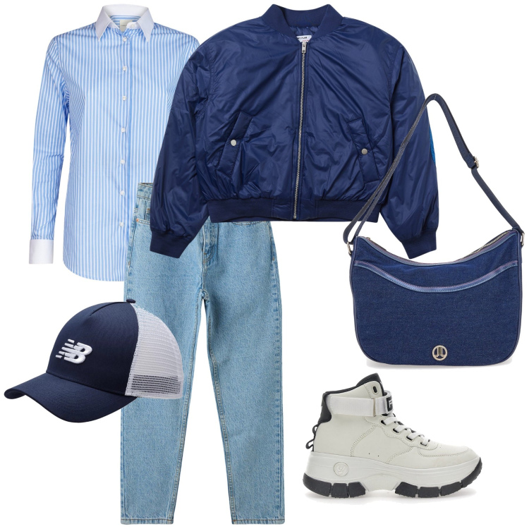 Outfit donna - Total look. Stile Sporty chic per Tutti i giorni. Abbinamento con jeans mom, bomber, cappelli con visiera, stivaletti, borse a tracolla, camicie.