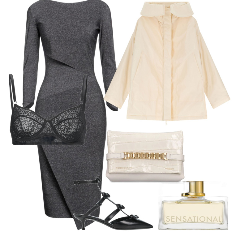 Outfit donna - Aspettando sabato sera. Stile Chic per Serata fuori. Abbinamento con décolleté, vestiti midi/longuette, reggiseni a balconcino, profumi, parka, pochette.