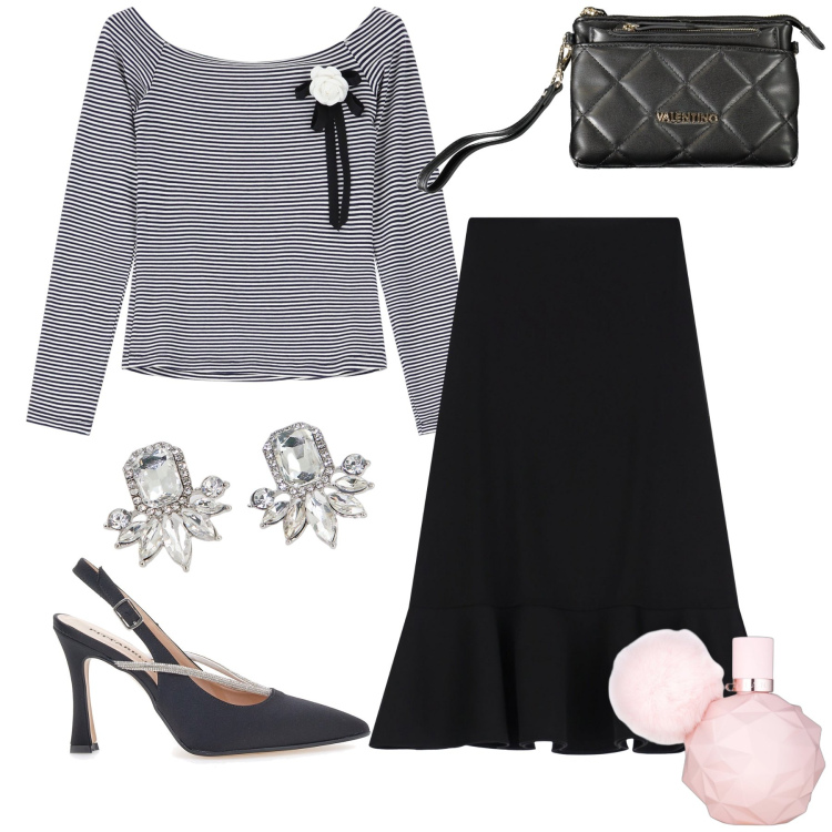 Outfit donna - Il profumo rosa. Stile Romantica per Serata fuori. Abbinamento con profumi, pullovers, gonne, orecchini, pochette, décolleté.