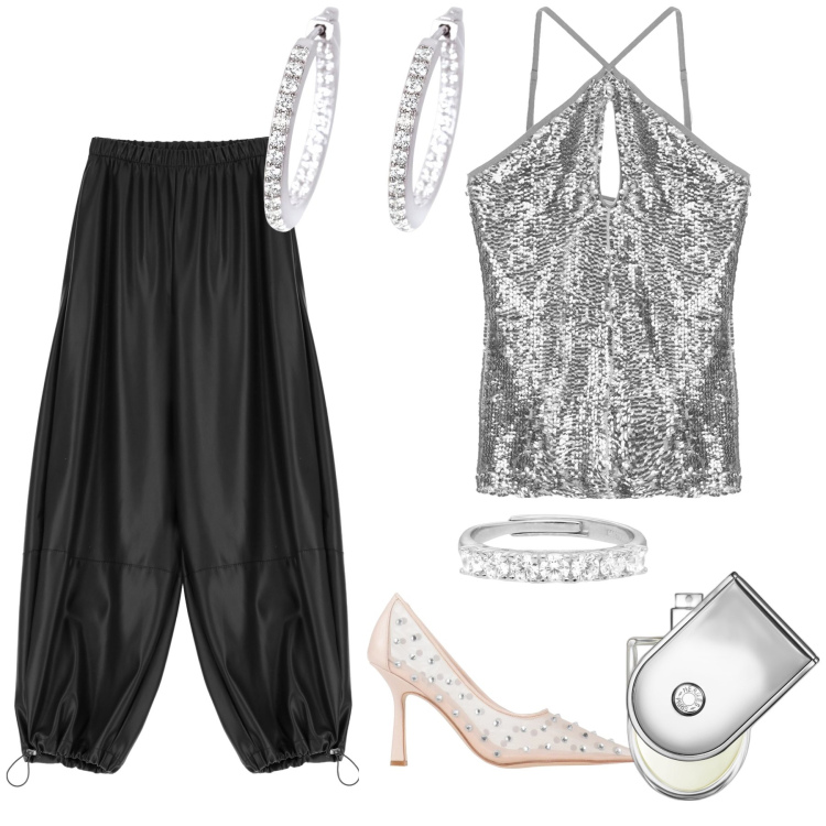Outfit donna - Si brilla anche passate le feste. Stile Glamour per Serata fuori. Abbinamento con décolleté, profumi, orecchini, anelli, pantaloni, top.
