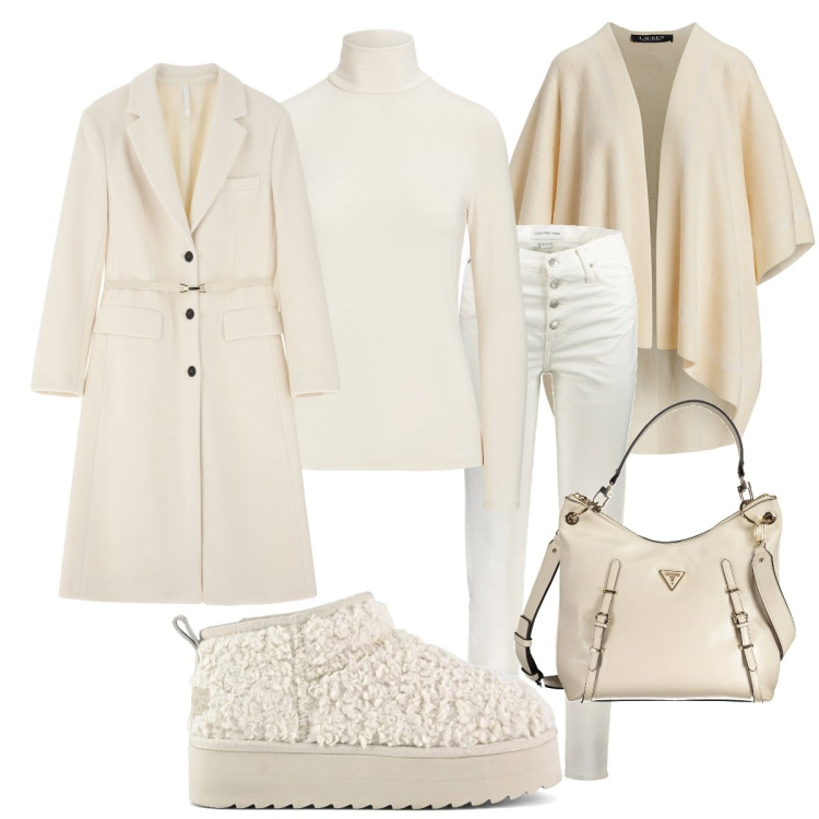 Outfit donna - Declinazioni di bianco. Stile Chic per Tutti i giorni. Abbinamento con cappotti, top, cappe, stivaletti, borse a spalla, jeans mom.