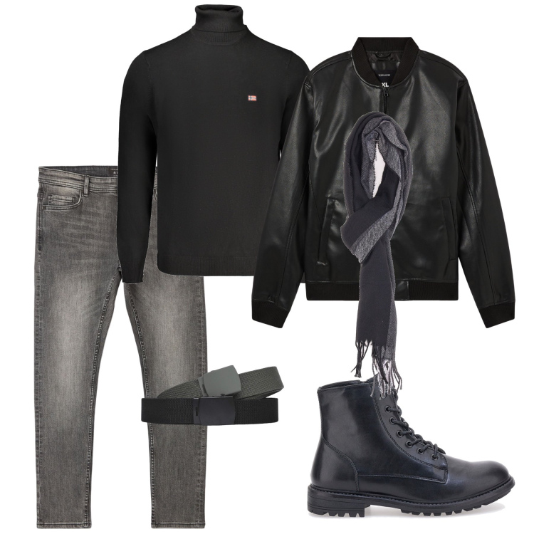 Outfit uomo - Giubbotto in eco pelle. Stile Biker Rock per Tutti i giorni. Abbinamento con jeans skinny, bomber, cinture, sciarpe, anfibi, maglieria.