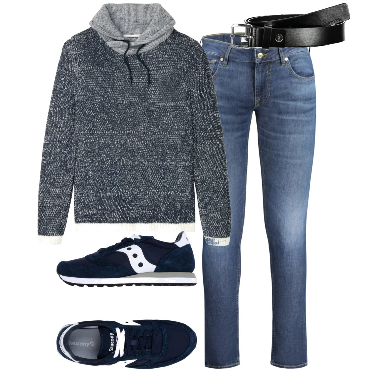 Outfit uomo - City. Stile Casual per Tutti i giorni. Abbinamento con maglieria, sneakers, cinture, jeans skinny.