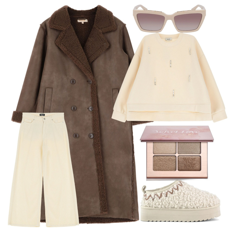 Outfit donna - Latte e caffè. Stile Casual chic per Tutti i giorni. Abbinamento con ombretti, cappotti, felpe, jeans, sabot, occhiali da sole.