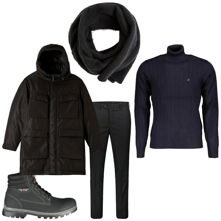 Outfit uomo - Born with a broken heart. Stile Casual per Tutti i giorni. Abbinamento con sciarpe e foulard, parka, pantaloni, stivali, maglieria.