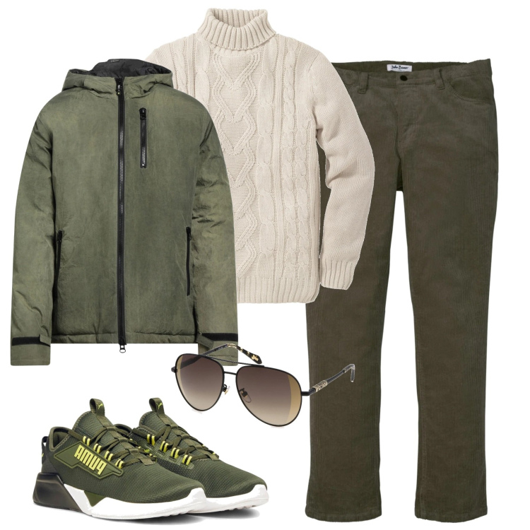 Outfit uomo - Gennaio. Stile Urban per Tutti i giorni. Abbinamento con pantaloni, maglieria, giacche, sneakers, occhiali da sole.