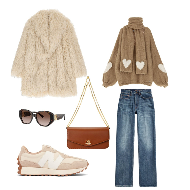 Outfit donna - Casual chic nei toni crema. Stile Casual chic per Tutti i giorni. Abbinamento con sneakers, maglieria, cappotti, jeans dritti, borse a spalla, occhiali da sole.