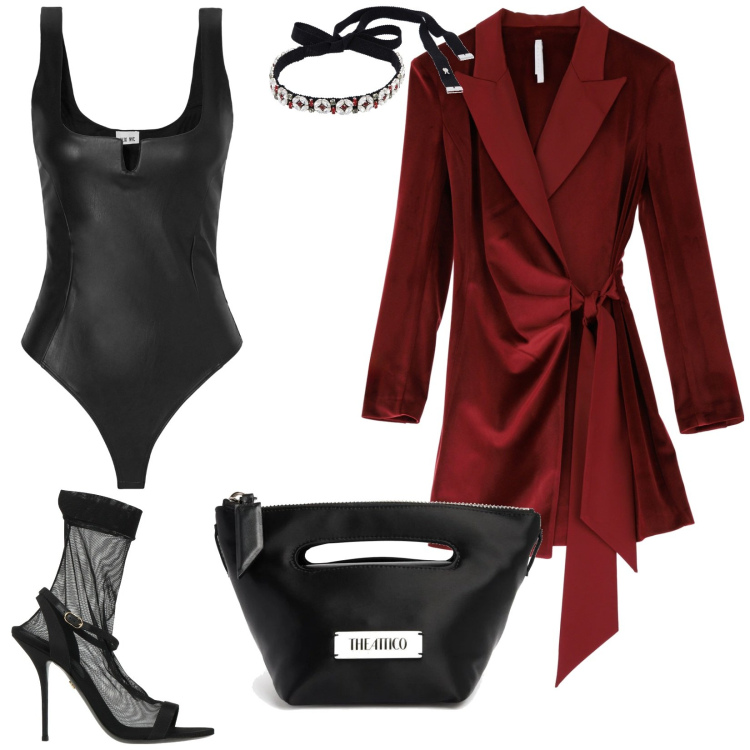 Outfit donna - Rosso di sera. Stile Glamour per Serata fuori. Abbinamento con body, stivaletti, vestiti corti, borse a mano, collane.