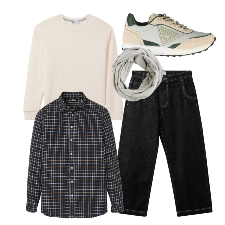 Outfit uomo - Bianco e nero. Stile Casual per Tutti i giorni. Abbinamento con camicie, sciarpe, maglieria, jeans, sneakers.