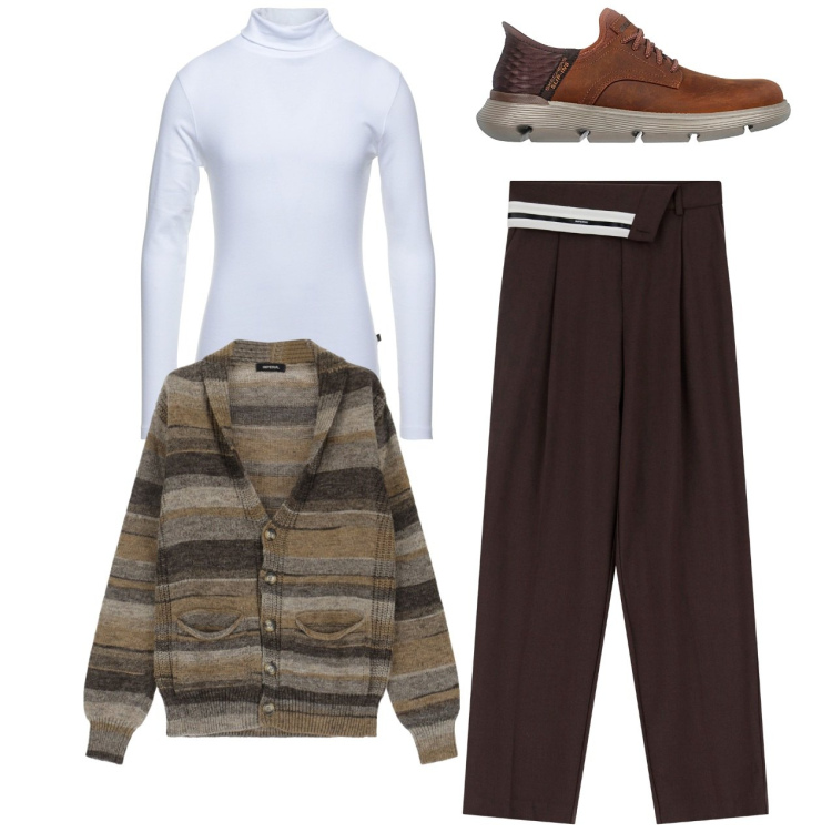 Outfit uomo - Il dolcevita color neve. Stile Trendy per Tutti i giorni. Abbinamento con maglieria, pantaloni a palazzo, cardigans, sneakers.