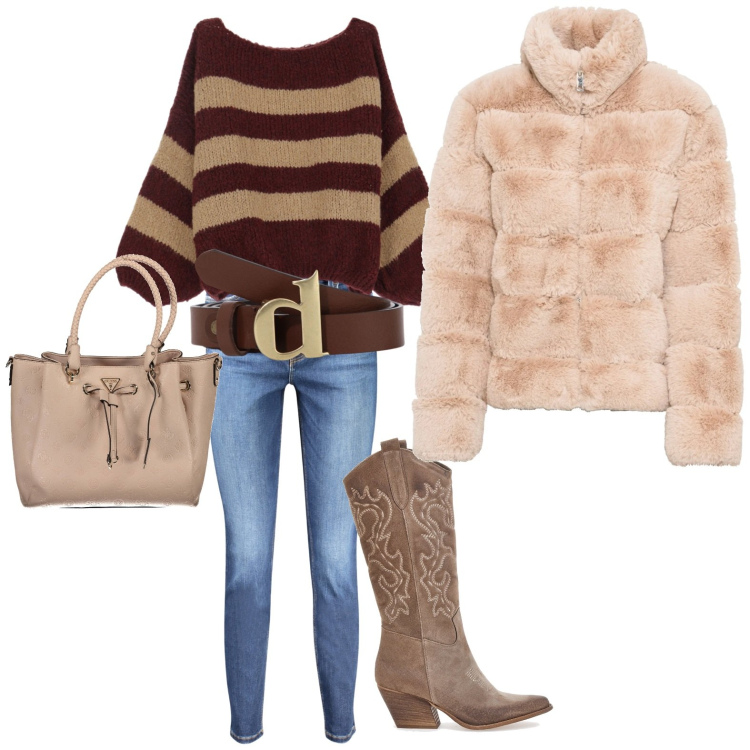 Outfit donna - Pomeriggio in centro con le amiche. Stile Casual per Tutti i giorni. Abbinamento con ecopellicce, maglieria, cinture, stivali, borse a spalla, jeans skinny.