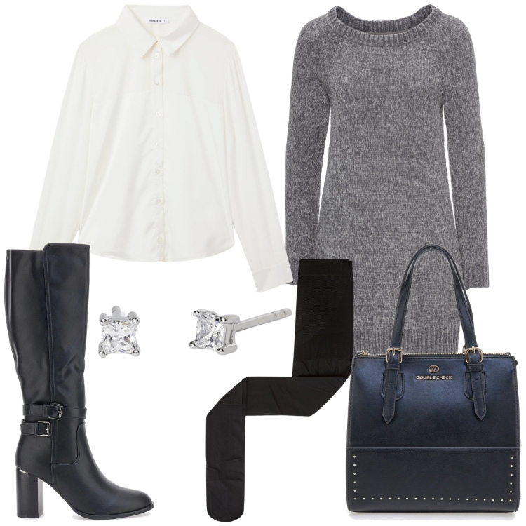 Outfit donna - Maxi pull e camicia. Stile Casual chic per Tutti i giorni. Abbinamento con vestiti, camicie, collant, orecchini, borse a mano, stivali.