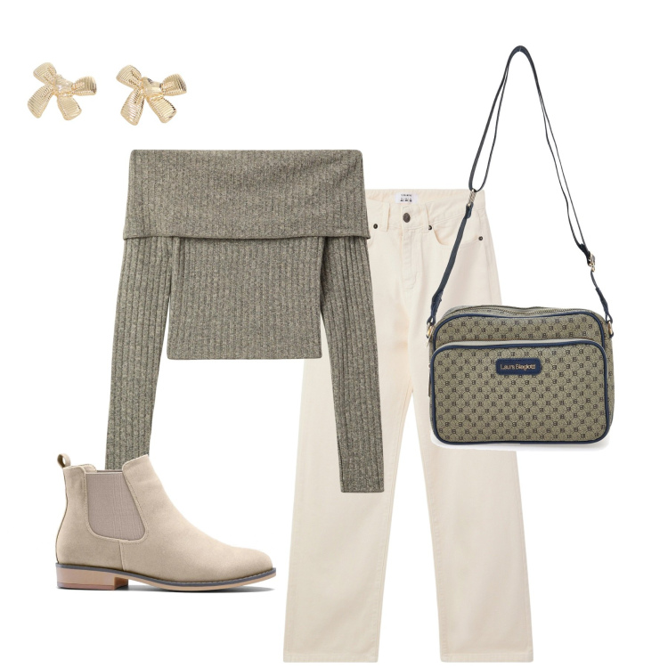 Outfit donna - Colori chiari. Stile Casual chic per Tutti i giorni. Abbinamento con stivaletti chelsea, maglieria, pantaloni, orecchini, borse a tracolla.