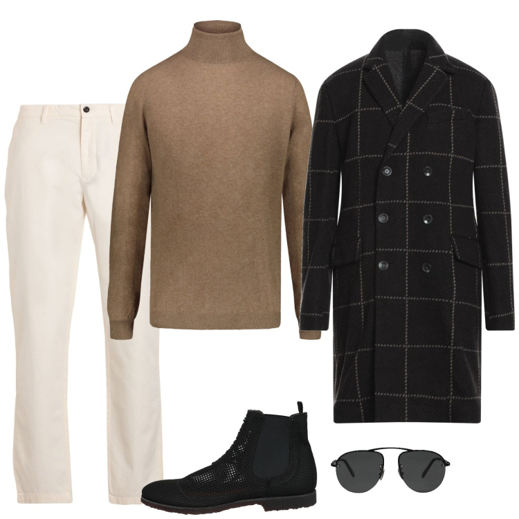 Outfit uomo - Il cappotto a quadri. Stile Business/Elegante per Ufficio. Abbinamento con cappotti, occhiali da sole, pantaloni chino, stivali e stivaletti, maglieria.