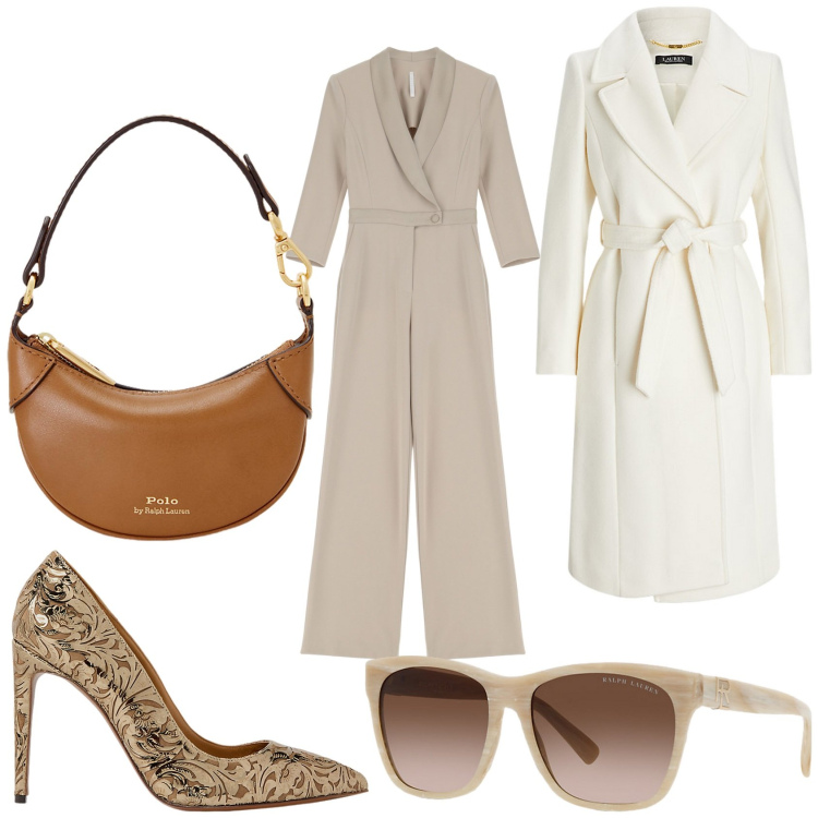 Outfit donna - Luce d\'inverno. Stile Chic per Tutti i giorni. Abbinamento con tute, occhiali da sole, portafogli, décolleté, cappotti.