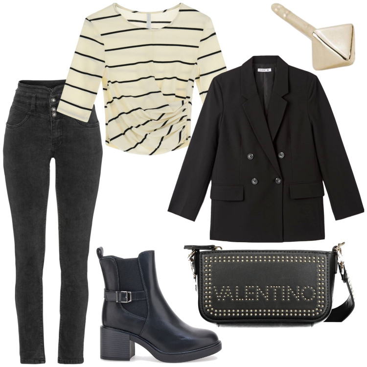 Outfit donna - Total look #2034370. Stile Rock per Tutti i giorni. Abbinamento con jeans skinny, blazer, orecchini, t-shirt, stivaletti, borse a spalla.