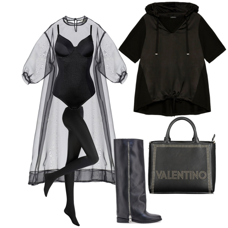 Outfit donna - Total black. Stile Urban per Serata fuori. Abbinamento con body, collant, vestiti lunghi, felpe con cappuccio, stivali, borse a spalla.