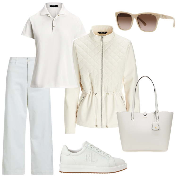 Outfit donna - Casual White. Stile Casual per Tutti i giorni. Abbinamento con occhiali da sole, sneakers, pantaloni, polo, borse tote, giacche.