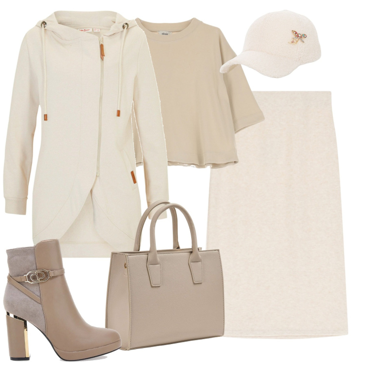 Outfit donna - Neutral tone. Stile Minimal per Tutti i giorni. Abbinamento con blazer, shopping bag, gonne longuette, cappelli, maglieria, stivaletti.